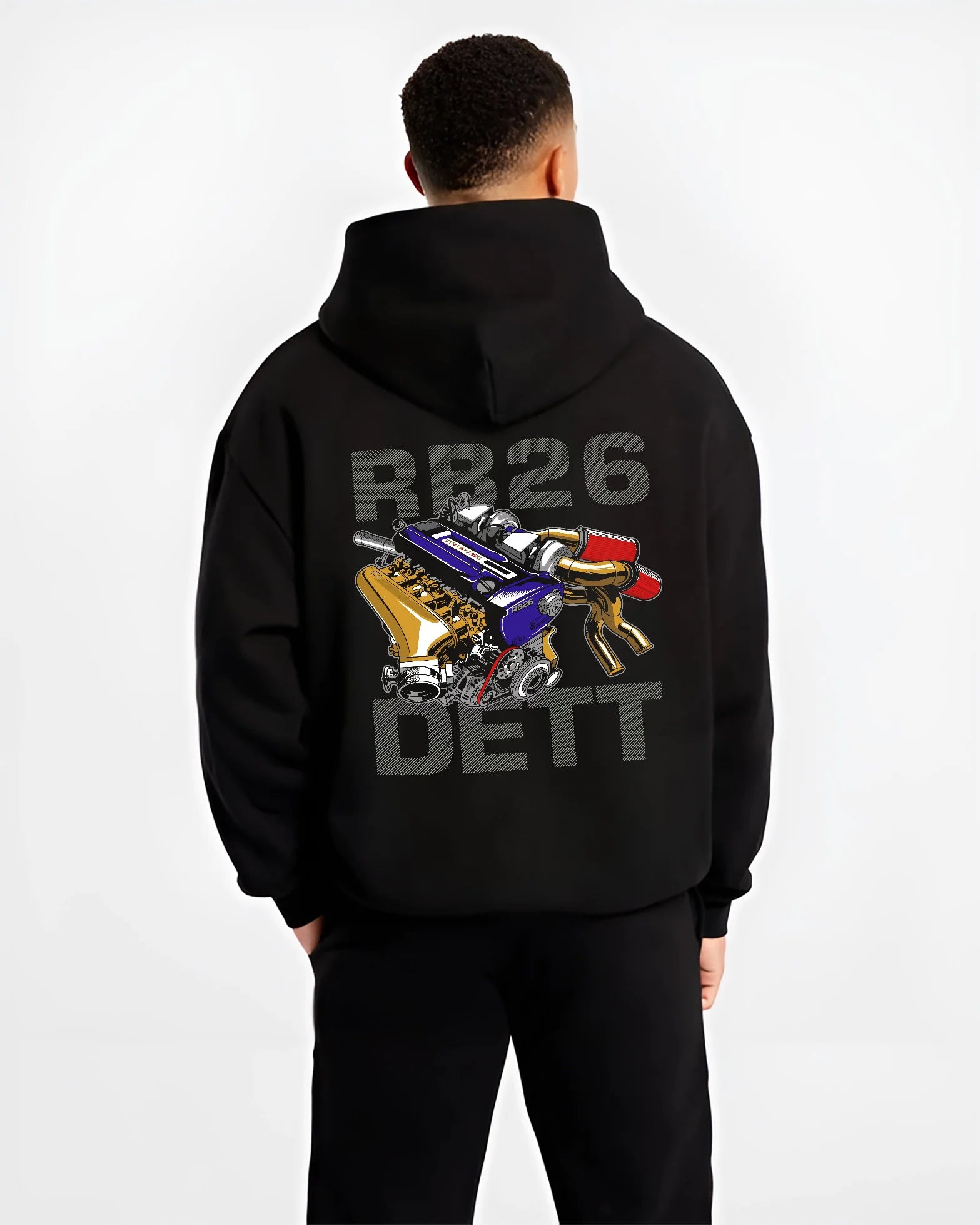 Black hoodie worn by a male model, back view, featuring Nissan SKYLINE turbo rb26 racing drift jdm japanese tuner street graphic.