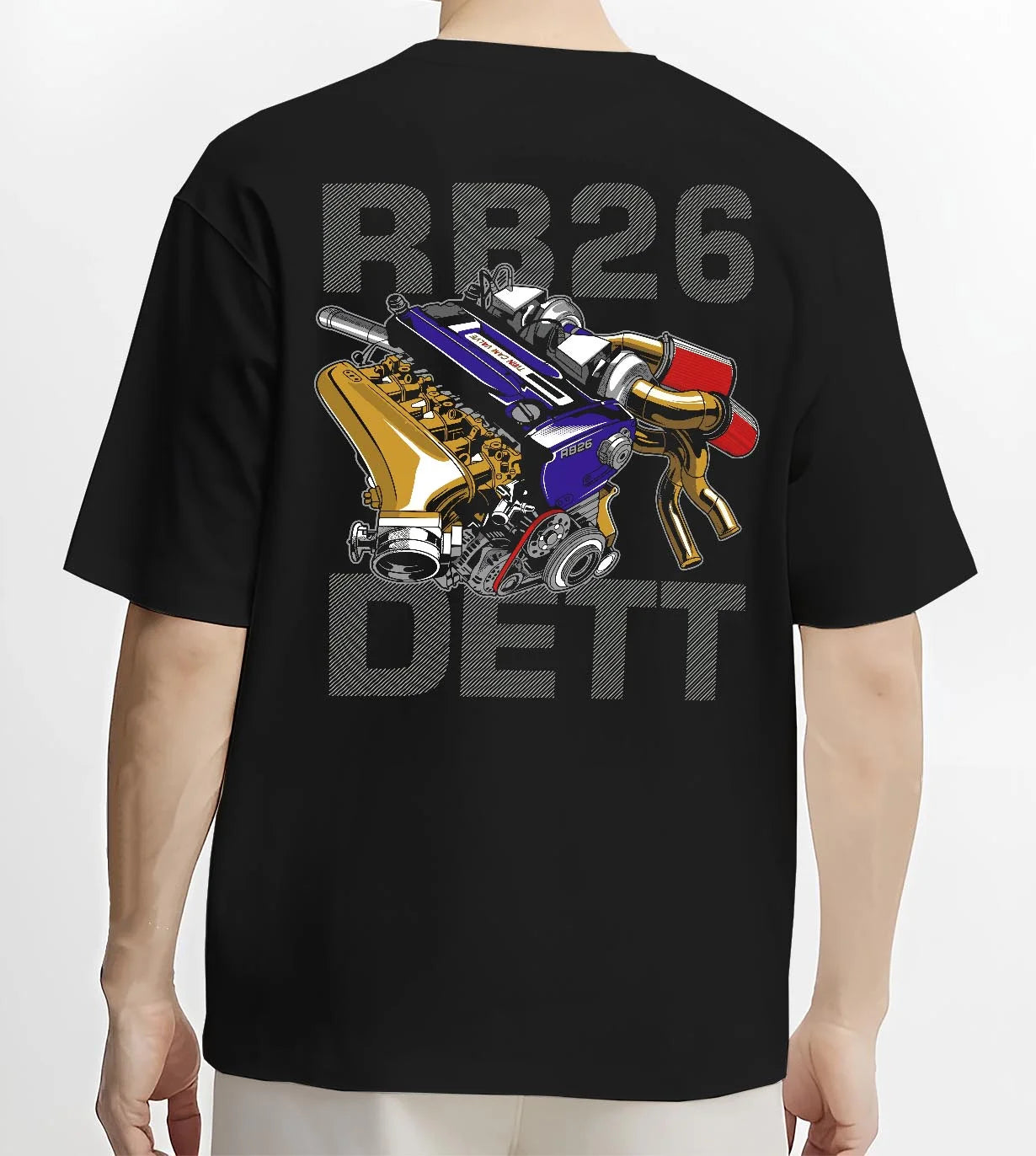 Black T-shirt worn by a male model, back view, featuring Nissan SKYLINE turbo rb26 racing drift jdm japanese tuner street graphic.