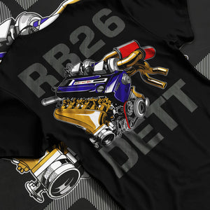 Black T-shirt laid flat with natural fabric folds, featuring Nissan SKYLINE turbo rb26 racing drift jdm japanese tuner graphic.
