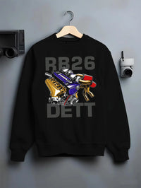 Black crewneck sweatshirt on a hanger against a grey wall, featuring Nissan SKYLINE turbo rb26 racing drift jdm japanese graphic.