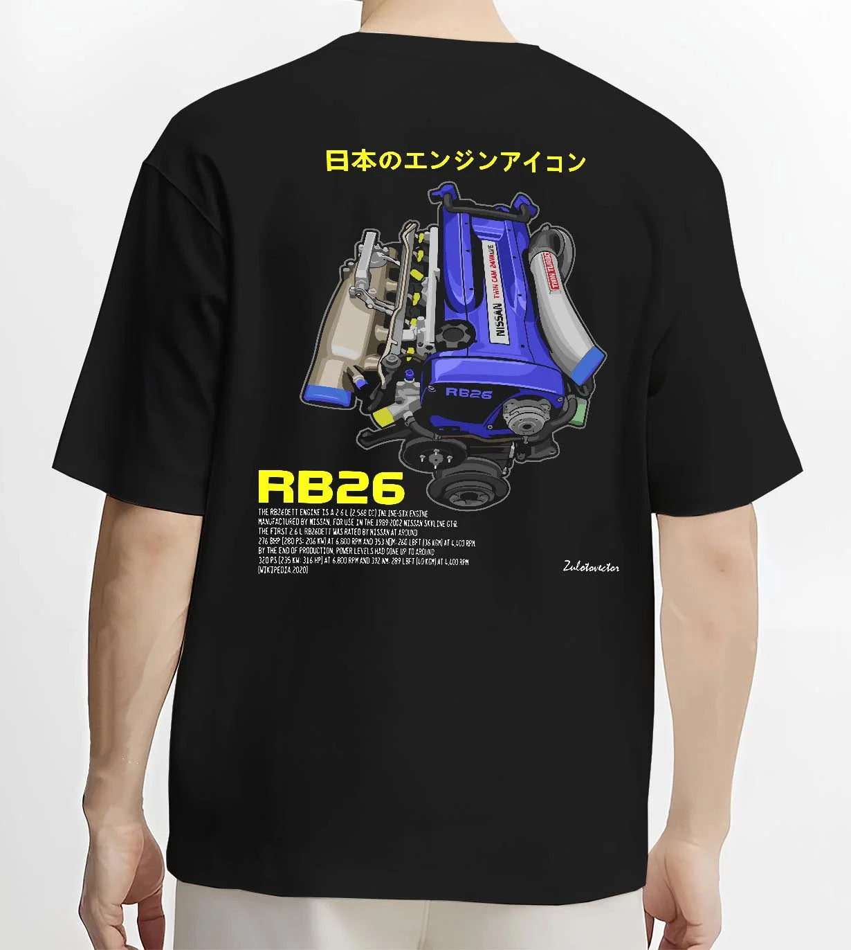 Black T-shirt worn by a male model, back view, featuring SKYLINE turbo rb26 racing jdm japanese tuner legend power graphic.