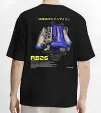 Black T-shirt worn by a male model, back view, featuring SKYLINE turbo rb26 racing jdm japanese tuner legend power graphic.