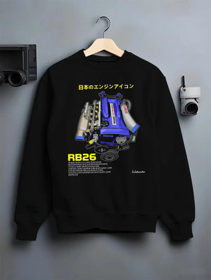 Black crewneck sweatshirt on a hanger against a grey wall, featuring SKYLINE turbo rb26 racing jdm japanese tuner legend graphic.