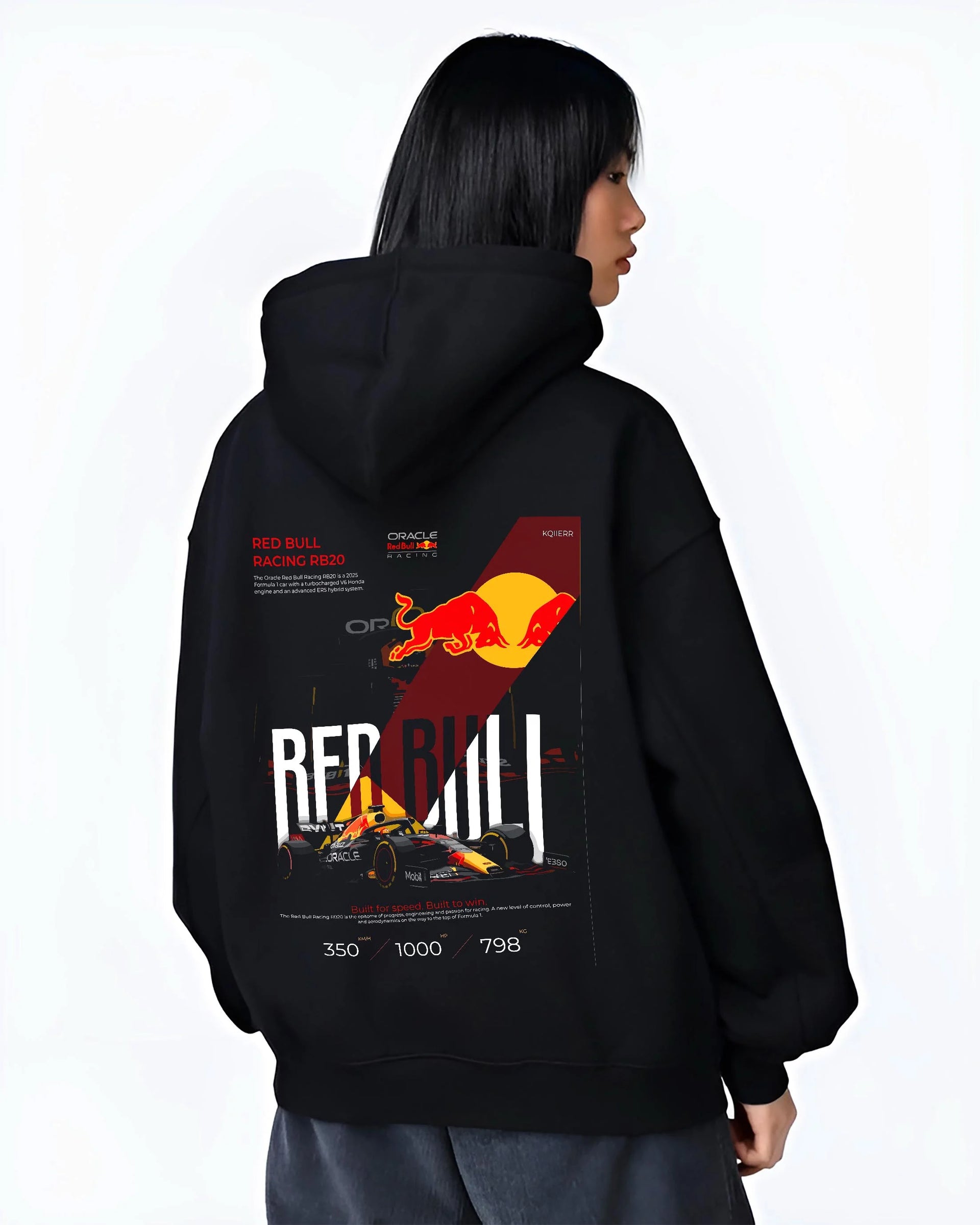 Black hoodie worn by a female model, back view, featuring rs racing drift formula motorsport street speed performance graphic.