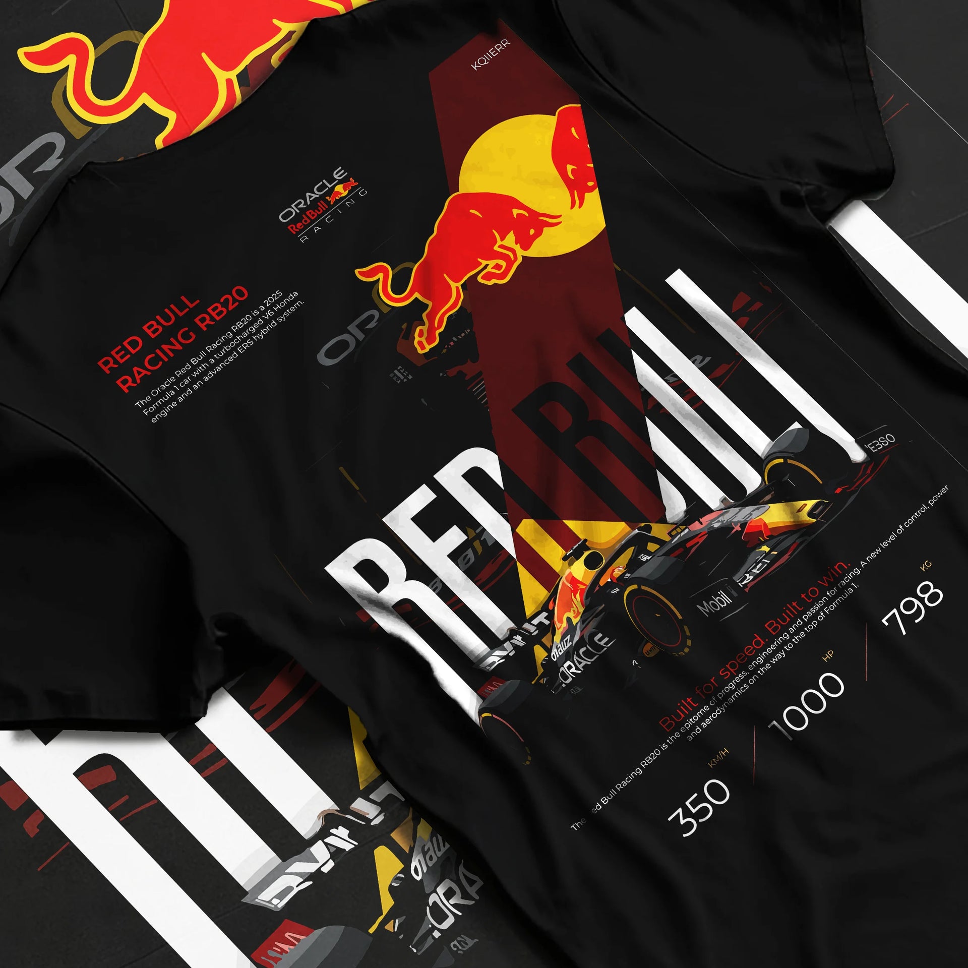 Black T-shirt laid flat with natural fabric folds, featuring rs racing drift formula motorsport street speed performance graphic.