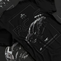 Black T-shirt laid flat with natural fabric folds, featuring Lexus RC gt3 rs racing drift tuner street graphic.