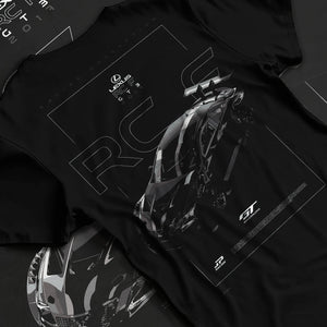 Black T-shirt laid flat with natural fabric folds, featuring Lexus RC gt3 rs racing drift tuner street graphic.