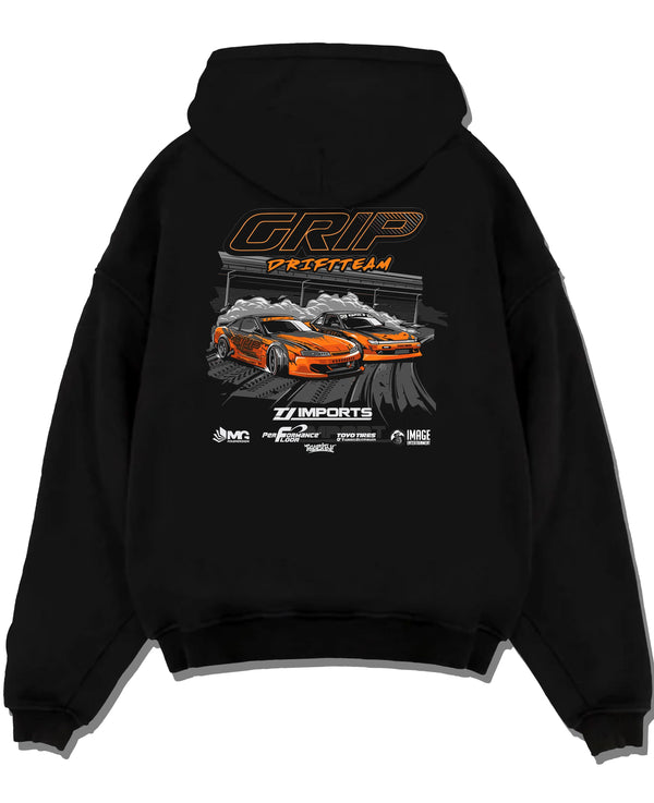 Black pullover hoodie laid flat on a white background, featuring rs racing drift motorsport jdm japanese stance street graphic.