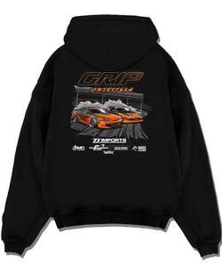 Black pullover hoodie laid flat on a white background, featuring rs racing drift motorsport jdm japanese stance street graphic.