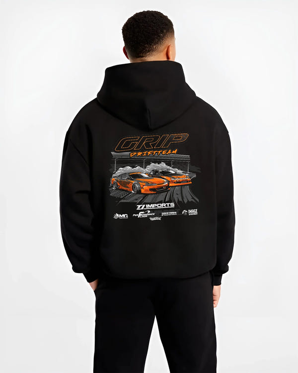 Black hoodie worn by a male model, back view, featuring rs racing drift motorsport jdm japanese stance street graphic.