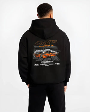 Black hoodie worn by a male model, back view, featuring rs racing drift motorsport jdm japanese stance street graphic.