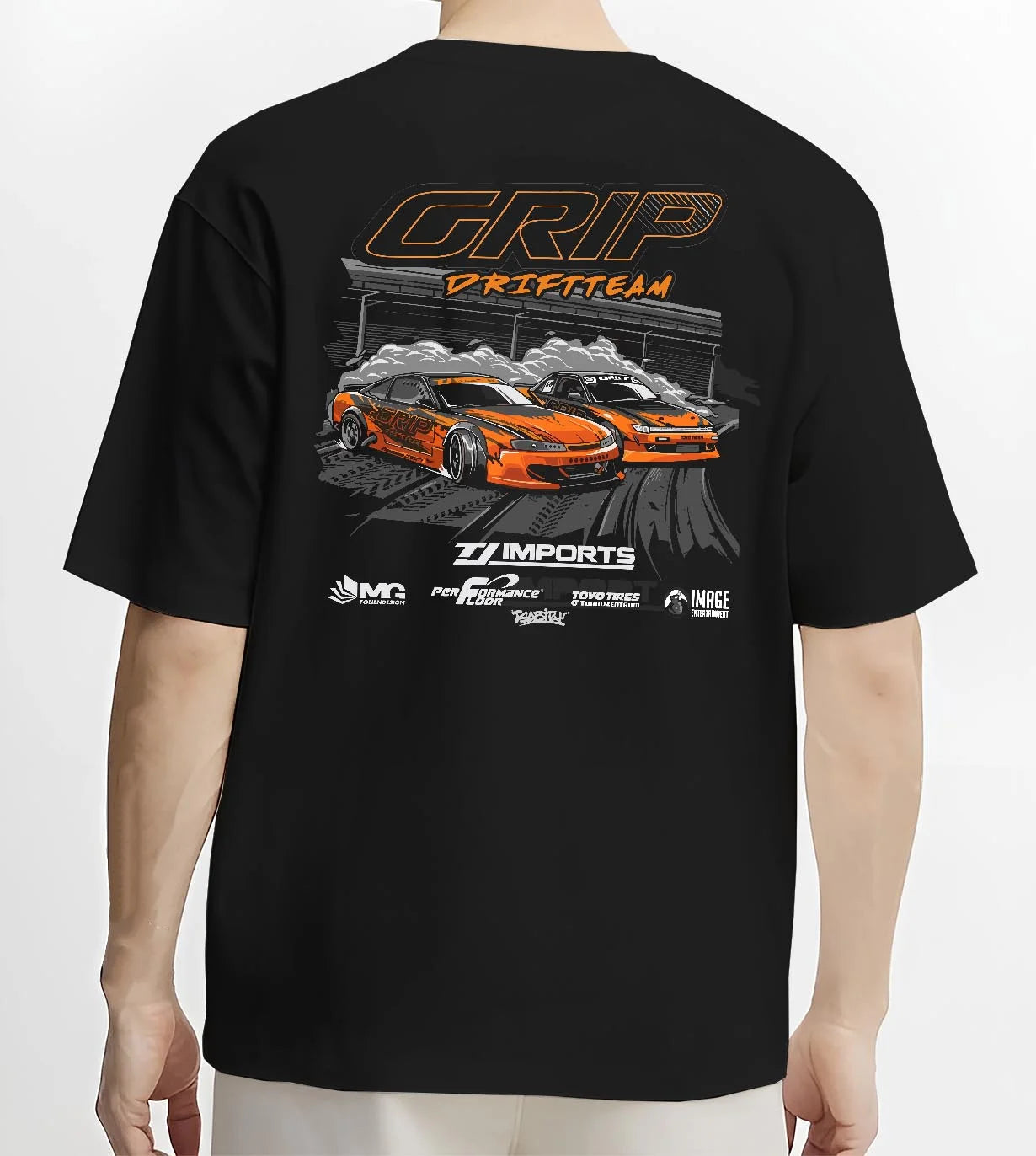 Black T-shirt worn by a male model, back view, featuring rs racing drift motorsport jdm japanese stance street graphic.