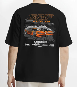 Black T-shirt worn by a male model, back view, featuring rs racing drift motorsport jdm japanese stance street graphic.