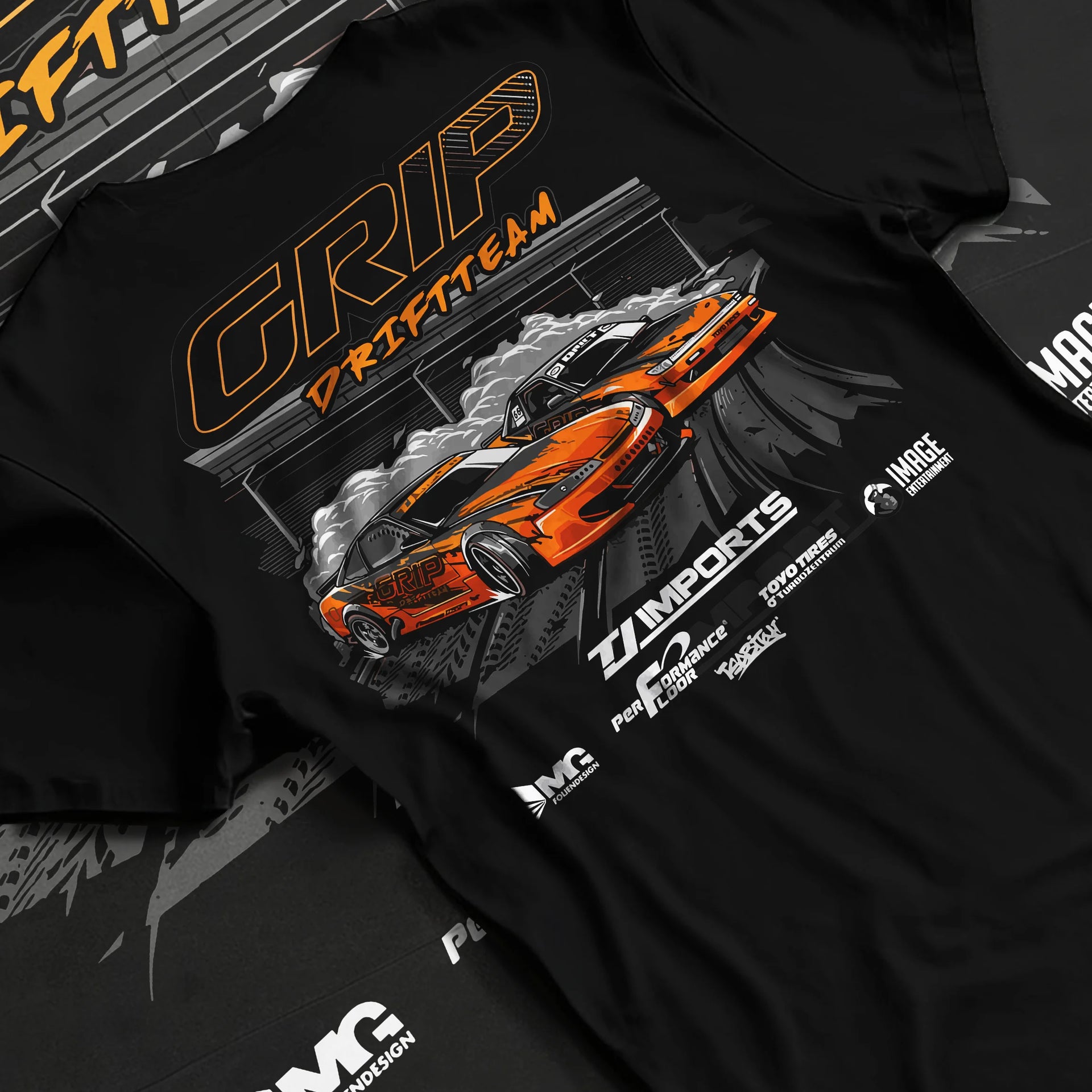 Black T-shirt laid flat with natural fabric folds, featuring rs racing drift motorsport jdm japanese stance street graphic.