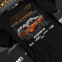 Black T-shirt laid flat with natural fabric folds, featuring rs racing drift motorsport jdm japanese stance street graphic.