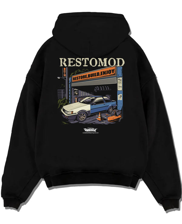 Black pullover hoodie laid flat on a white background, featuring Toyota AE86 drift jdm tuner street racing performance graphic.