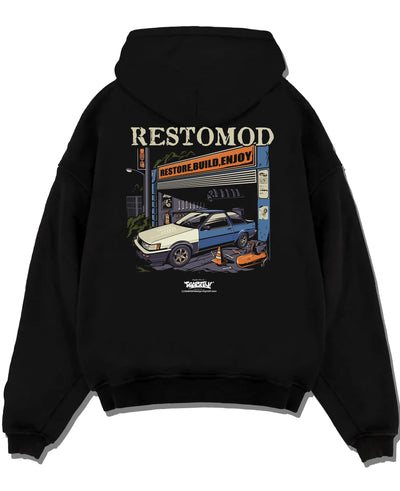 Black pullover hoodie laid flat on a white background, featuring Toyota AE86 drift jdm tuner street racing performance graphic.