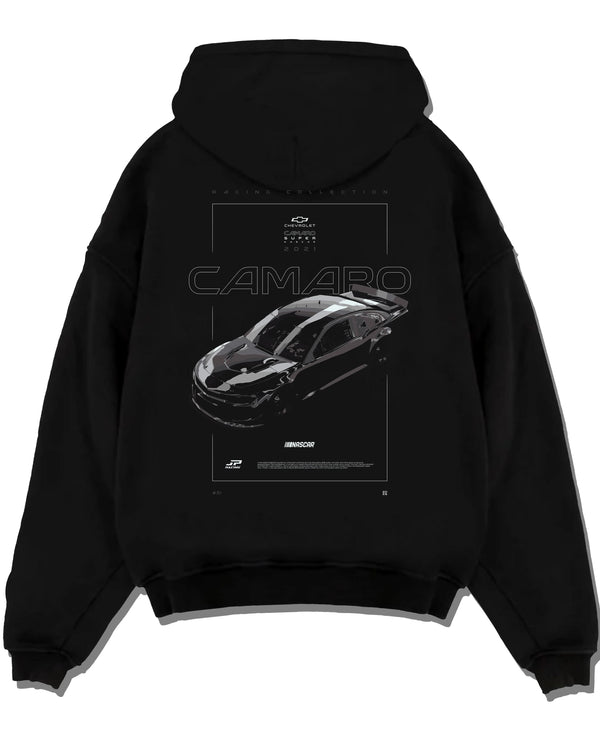 Black pullover hoodie laid flat on a white background, featuring rs racing muscle street retro enthusiast performance graphic.