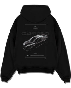 Black pullover hoodie laid flat on a white background, featuring rs racing muscle street retro enthusiast performance graphic.