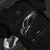 Black T-shirt laid flat with natural fabric folds, featuring rs racing muscle street retro enthusiast performance graphic.