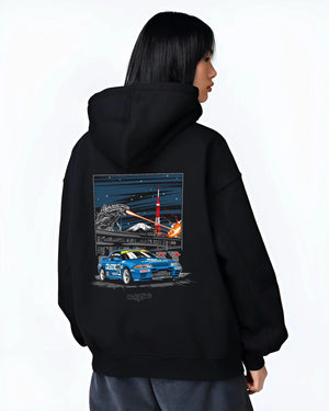 Black hoodie worn by a female model, back view, featuring rs jdm japanese tuner street retro enthusiast racing graphic.