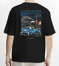 Black T-shirt worn by a male model, back view, featuring rs jdm japanese tuner street retro enthusiast racing graphic.
