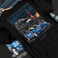 Black T-shirt laid flat with natural fabric folds, featuring rs jdm japanese tuner street retro enthusiast racing graphic.