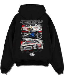 Black pullover hoodie laid flat on a white background, featuring Nissan Silvia S13 silvia ls drift street legend racing graphic.