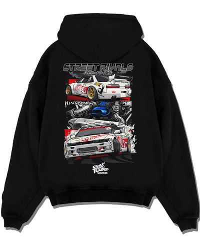 Black pullover hoodie laid flat on a white background, featuring Nissan Silvia S13 silvia ls drift street legend racing graphic.