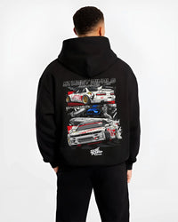 Black hoodie worn by a male model, back view, featuring Nissan Silvia S13 silvia ls drift street legend racing graphic.