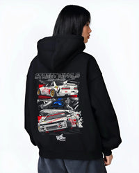 Black hoodie worn by a female model, back view, featuring Nissan Silvia S13 silvia ls drift street legend racing graphic.
