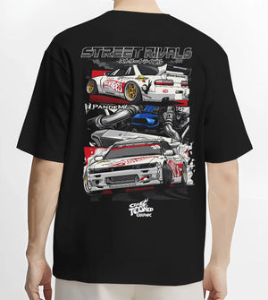 Black T-shirt worn by a male model, back view, featuring Nissan Silvia S13 silvia ls drift street legend racing graphic.