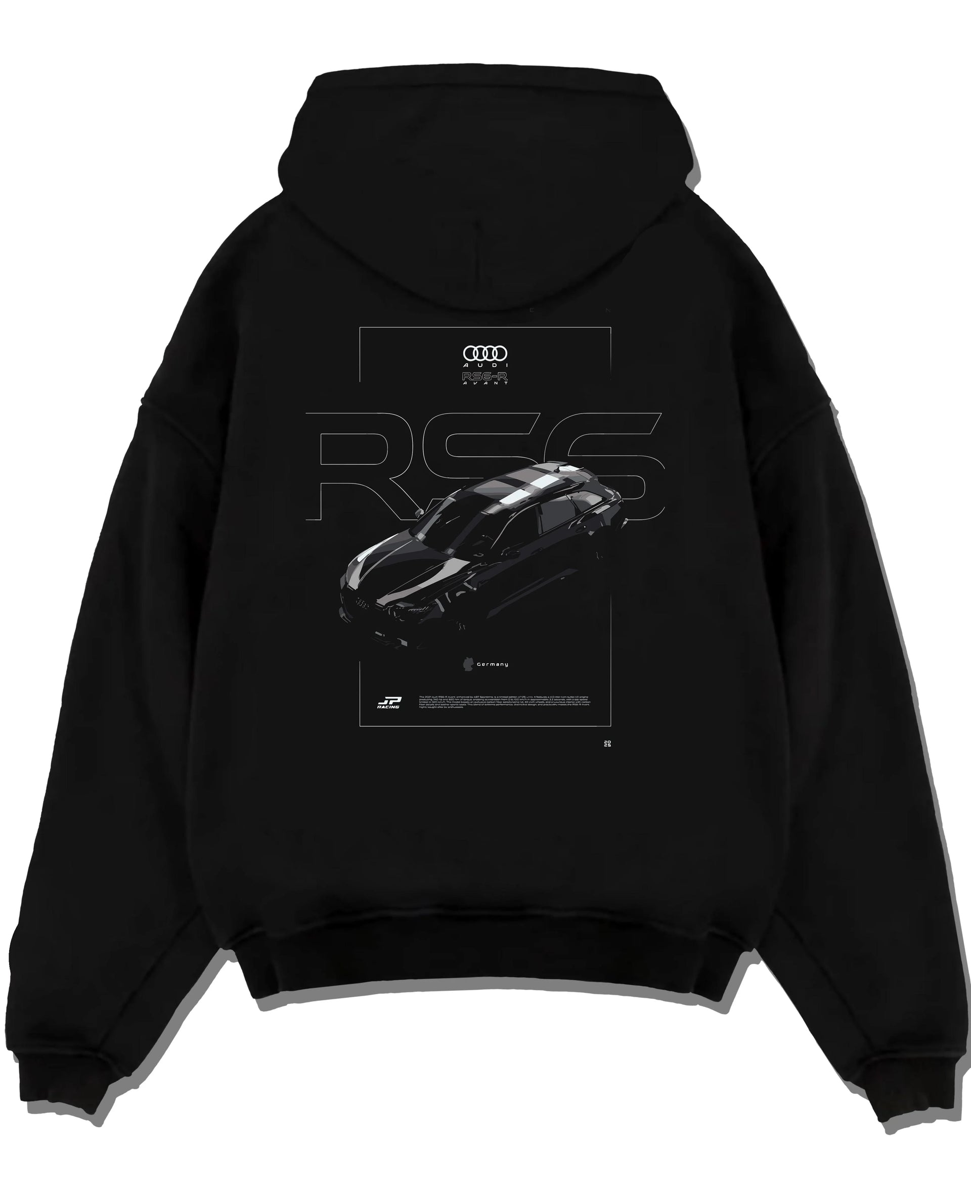 Black pullover hoodie laid flat on a white background, featuring Audi RS6 rs turbo racing motorsport german street graphic.