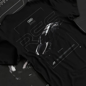 Black T-shirt laid flat with natural fabric folds, featuring Audi RS6 rs turbo racing motorsport german street graphic.