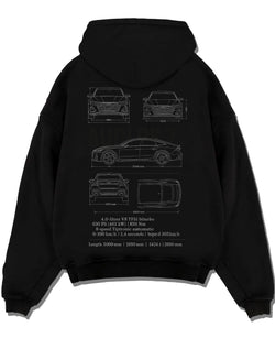 Black pullover hoodie laid flat on a white background, featuring Audi RS7 rs turbo racing german street performance graphic.