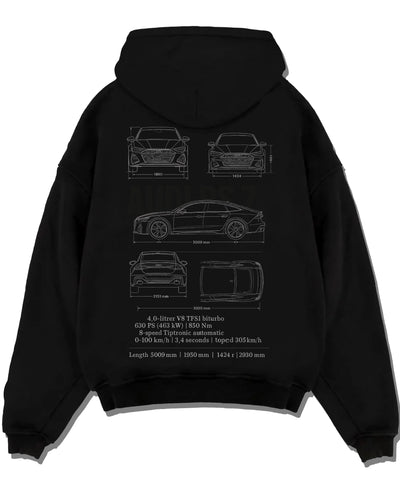 Black pullover hoodie laid flat on a white background, featuring Audi RS7 rs turbo racing german street performance graphic.