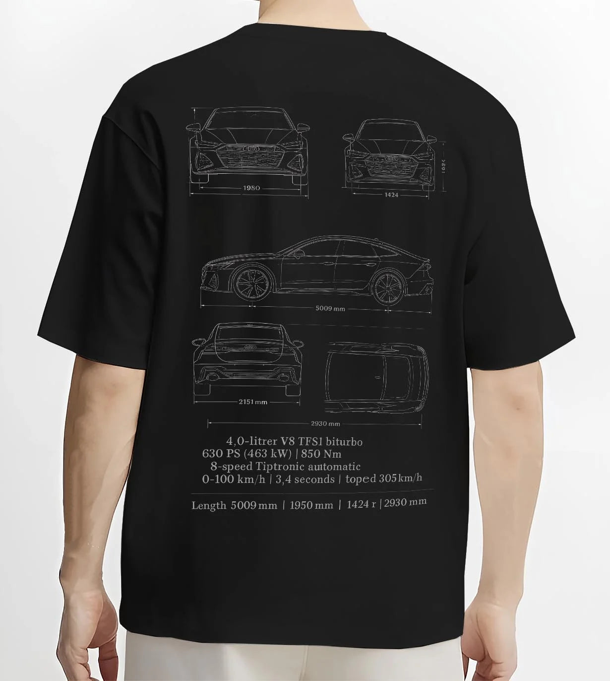 Black T-shirt worn by a male model, back view, featuring Audi RS7 rs turbo racing german street performance graphic.
