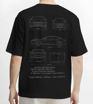 Black T-shirt worn by a male model, back view, featuring Audi RS7 rs turbo racing german street performance graphic.