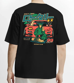 Black T-shirt worn by a male model, back view, featuring MAZDA RX7 racing drift japanese tuner street performance graphic.