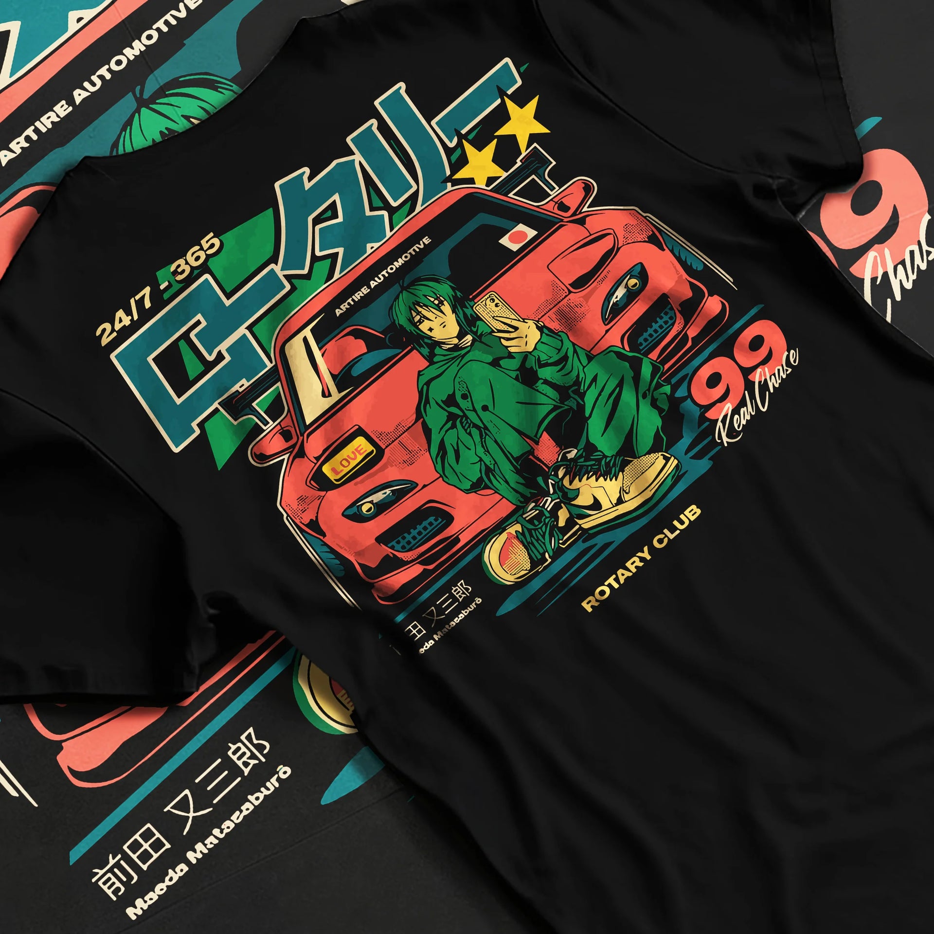 Black T-shirt laid flat with natural fabric folds, featuring MAZDA RX7 racing drift japanese tuner street performance graphic.