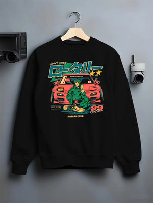 Black crewneck sweatshirt on a hanger against a grey wall, featuring MAZDA RX7 racing drift japanese tuner street graphic.