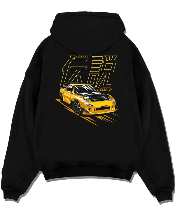 Black pullover hoodie laid flat on a white background, featuring Mazda RX-7 rx7 racing drift japanese tuner stance street graphic.