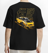 Black T-shirt worn by a male model, back view, featuring Mazda RX-7 rx7 racing drift japanese tuner stance street legend graphic.