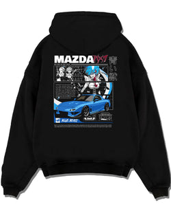 Black pullover hoodie laid flat on a white background, featuring Mazda RX-7 rx7 drift japanese street racing performance graphic.