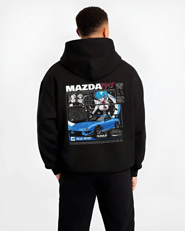Black hoodie worn by a male model, back view, featuring Mazda RX-7 rx7 drift japanese street racing performance graphic.