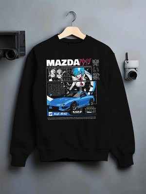 Black crewneck sweatshirt on a hanger against a grey wall, featuring Mazda RX-7 rx7 drift japanese street racing graphic.