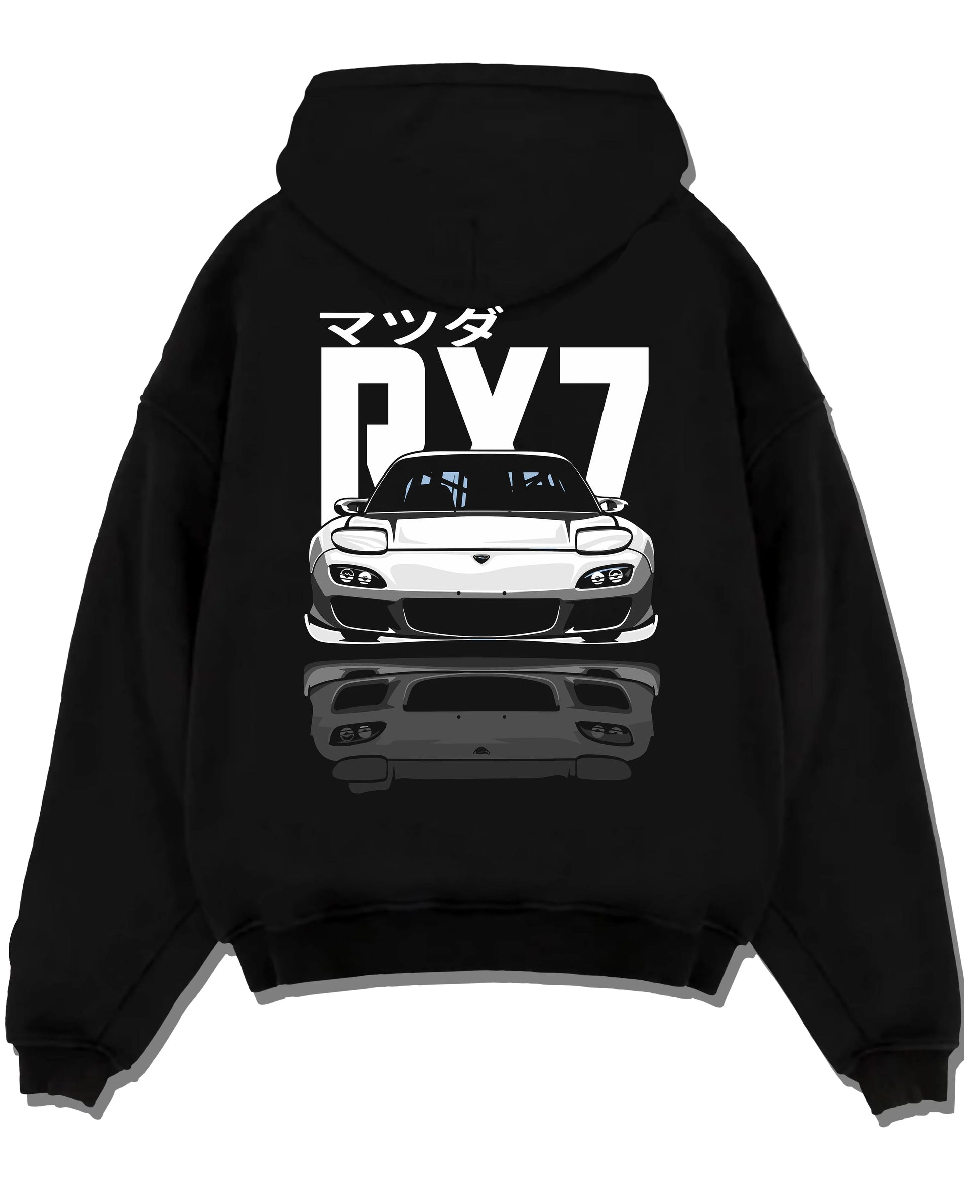 Black pullover hoodie laid flat on a white background, featuring Mazda RX-7 rx7 drift japanese tuner stance street graphic.