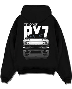 Black pullover hoodie laid flat on a white background, featuring Mazda RX-7 rx7 drift japanese tuner stance street graphic.