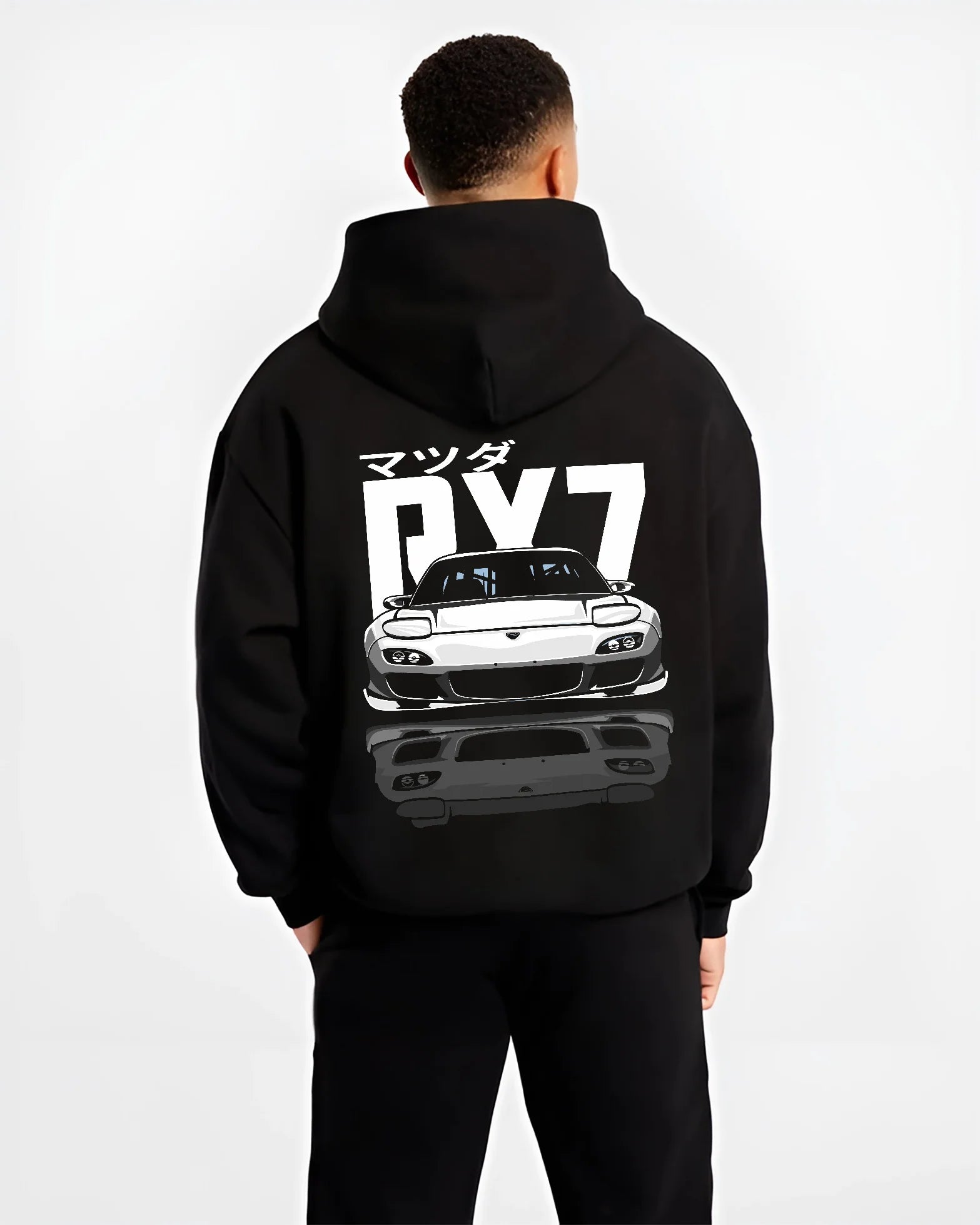 Black hoodie worn by a male model, back view, featuring Mazda RX-7 rx7 drift japanese tuner stance street graphic.