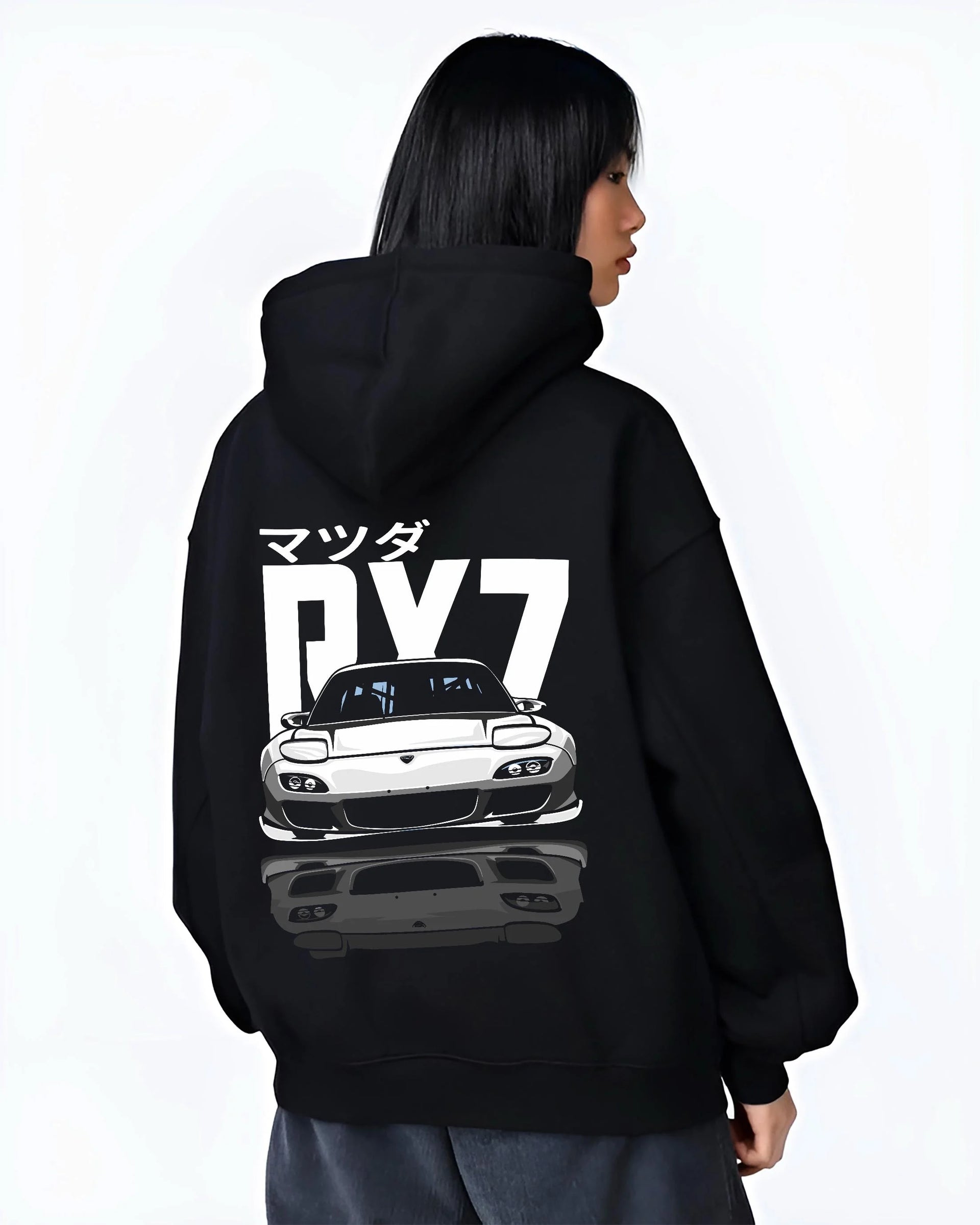 Black hoodie worn by a female model, back view, featuring Mazda RX-7 rx7 drift japanese tuner stance street graphic.